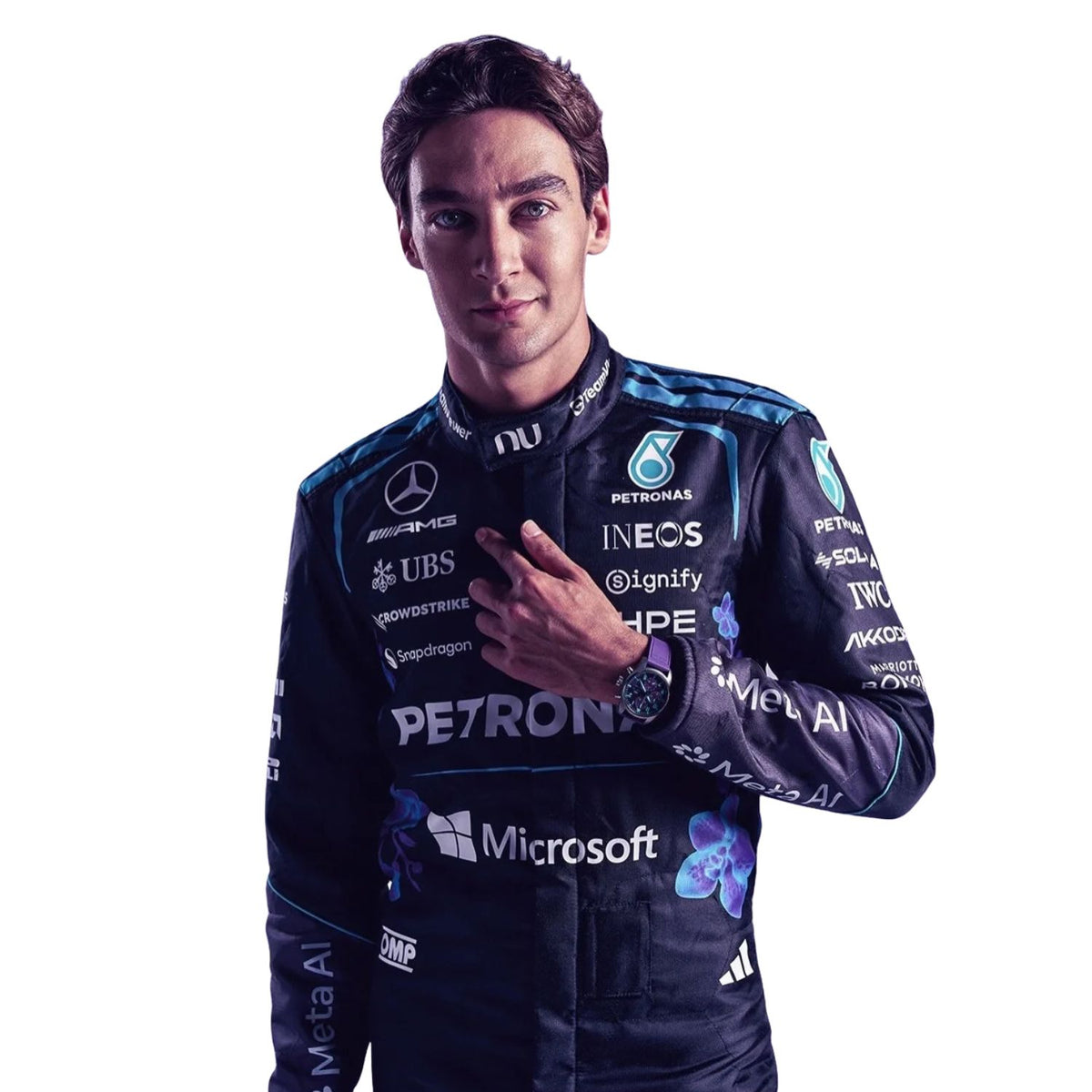 George Russell wearing a purple Mercedes 2026 Singapore GP F1 racing suit with various sponsor logos - Kartx Gear