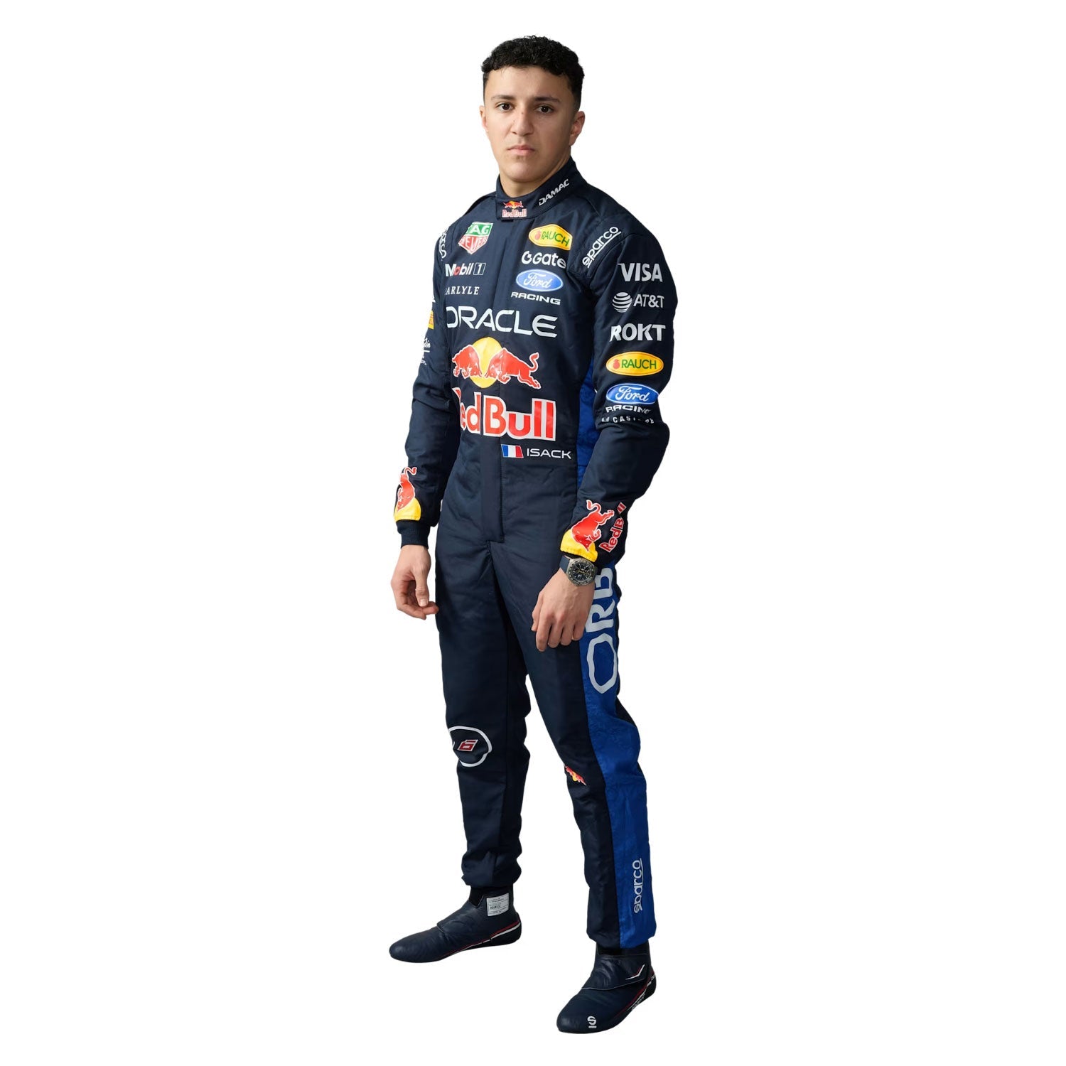 Isack Hadjar wearing a Red Bull 2026 F1 racing suit with various sponsor logos - Kartx Gear