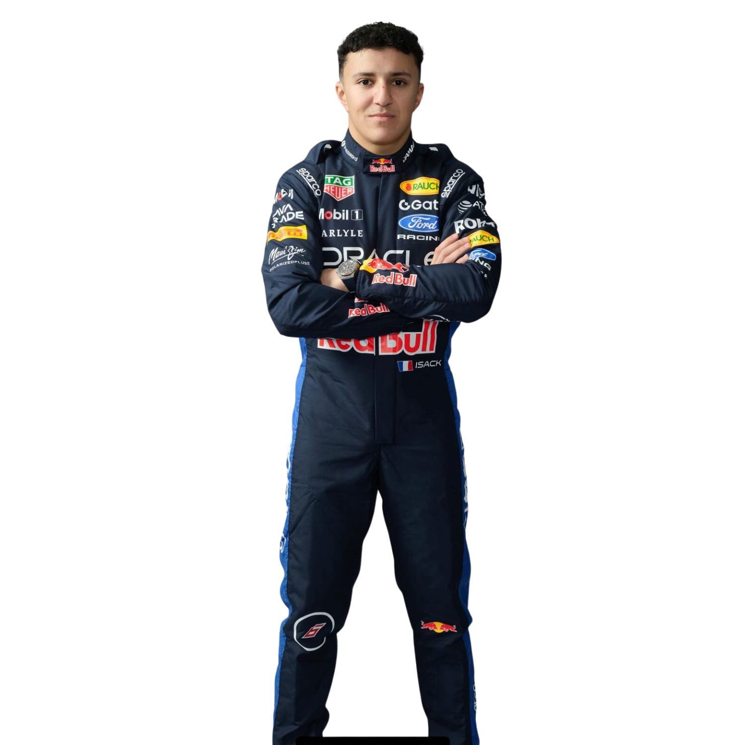 Isack Hadjar wearing a 2026 Redbull F1 racing suit with various sponsor logos - Kartx Gear