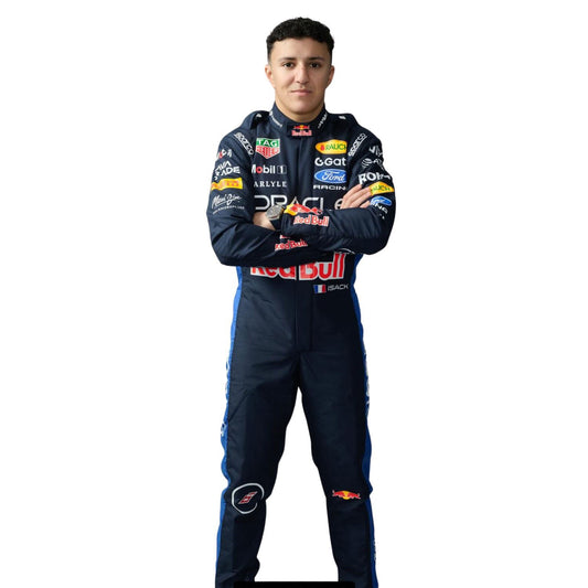 Isack Hadjar wearing a 2026 Redbull F1 racing suit with various sponsor logos - Kartx Gear
