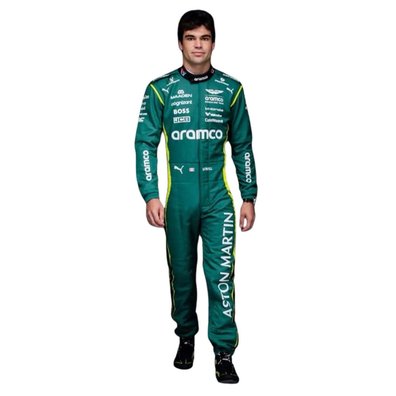 Lance Stroll wearing a 2026 F1 Aston Martin green racing suit with Aramco and Aston Martin logos - Kartx Gear