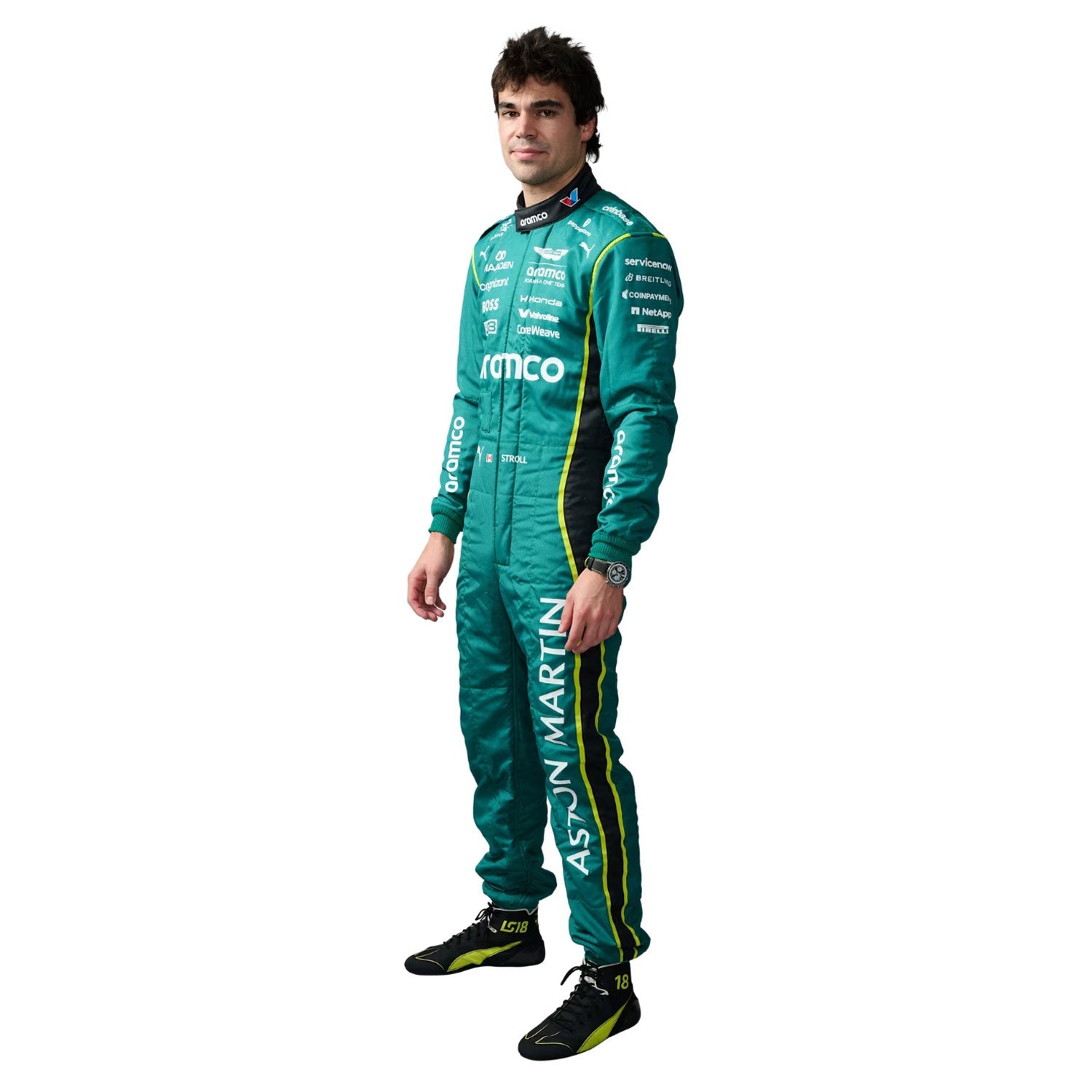 Lance Stroll wearing a green 2026 F1 Aston Martin racing suit with various logos - Kartx Gear