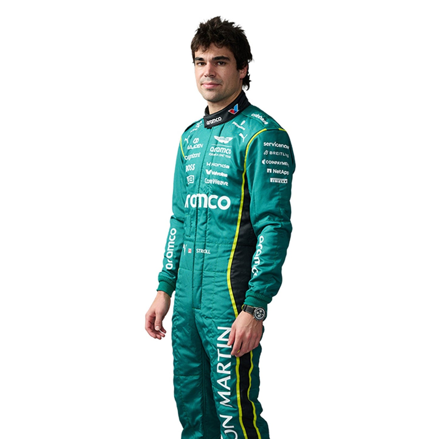 Lance Stroll wearing a green 2026 F1 Aston Martin racing suit with various logos - Kartx Gear