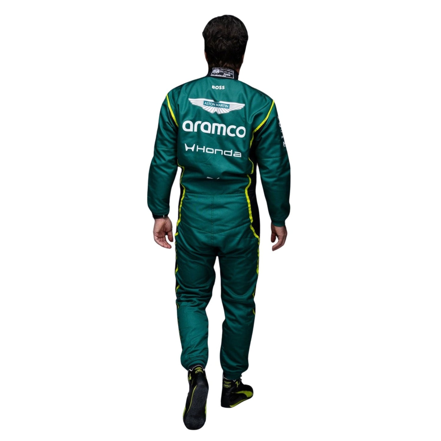 Lance Stroll wearing a green 2026 F1 Aston Martin racing suit with Aramco and Honda logos - Kartx Gear