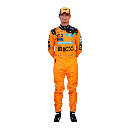 Lando Norris wearing an orange 2026 McLaren F1 racing suit with various sponsor logos - Kartx Gear