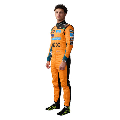 Lando Norris wearing an orange 2026 F1 McLaren racing suit with various sponsor logos - Kartx Gear