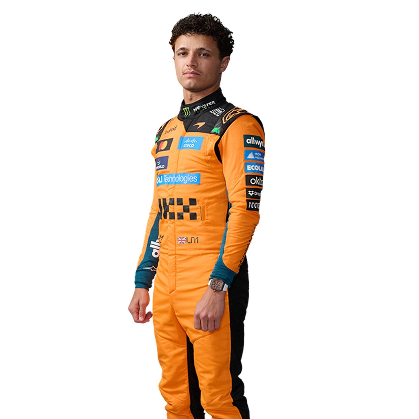 Lando Norris wearing an orange 2026 McLaren F1 racing suit with various sponsor logos - Kartx Gear 