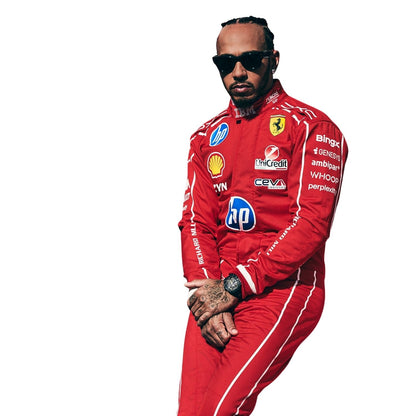 Lewis Hamilton in a red Ferrari Italian GP racing suit with sponsor logos, wearing black sunglasses and standing against a white background.