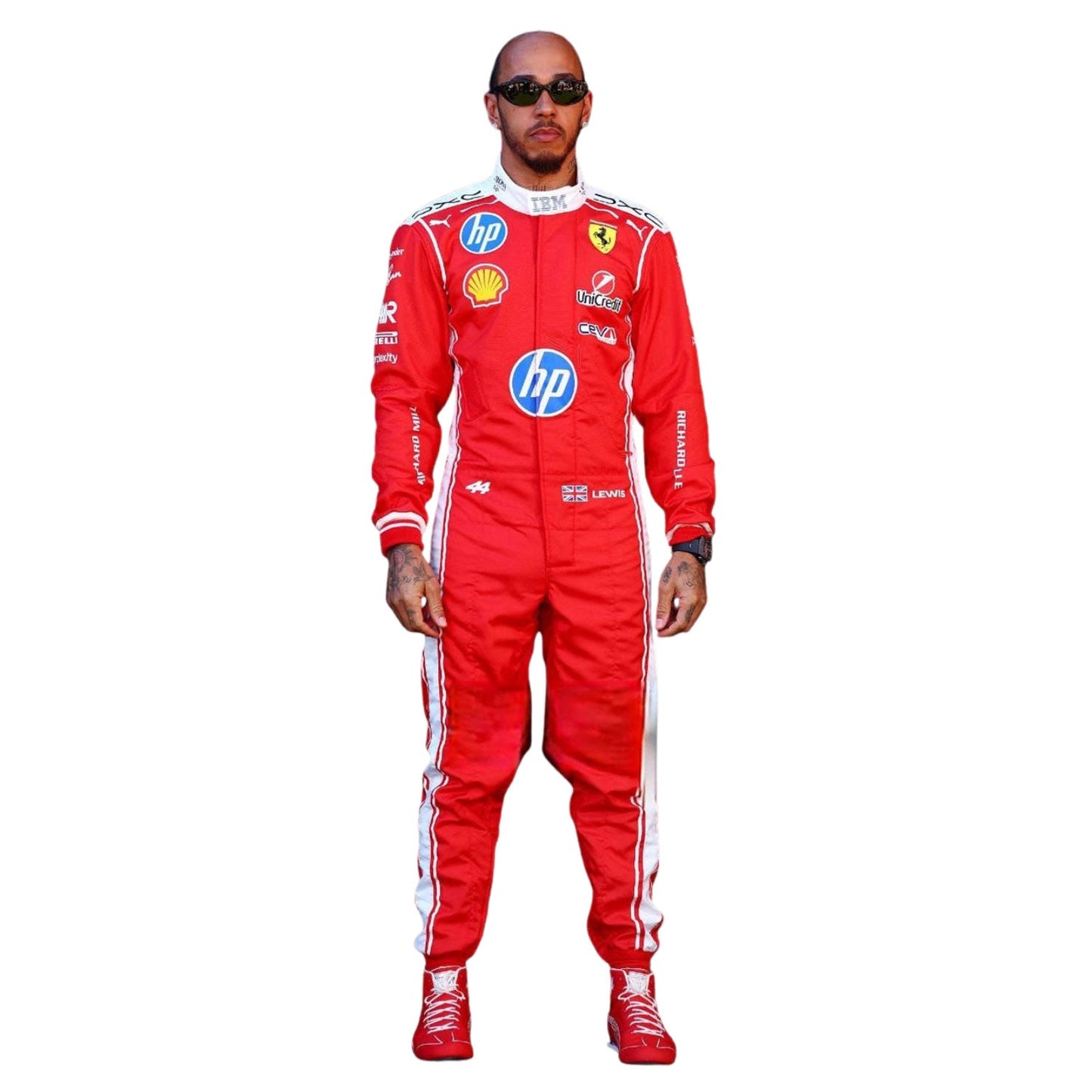 Lewis Hamilton wearing a red Ferrari 2026 F1 racing suit with various sponsor logos - Kartx Gear