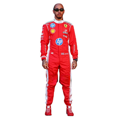 Lewis Hamilton wearing a red Ferrari 2026 F1 racing suit with various sponsor logos - Kartx Gear