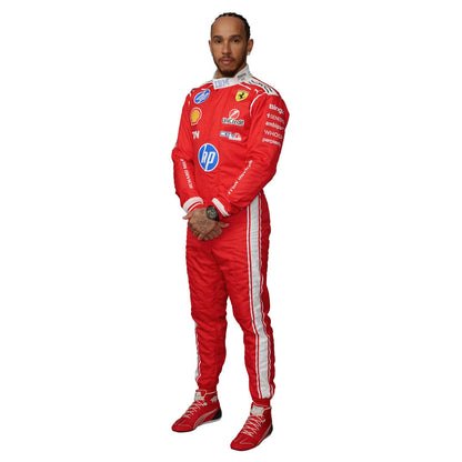 Lewis Hamilton wearing a red F1 2026 Ferrari racing suit with various sponsor logos - Kartx Gear