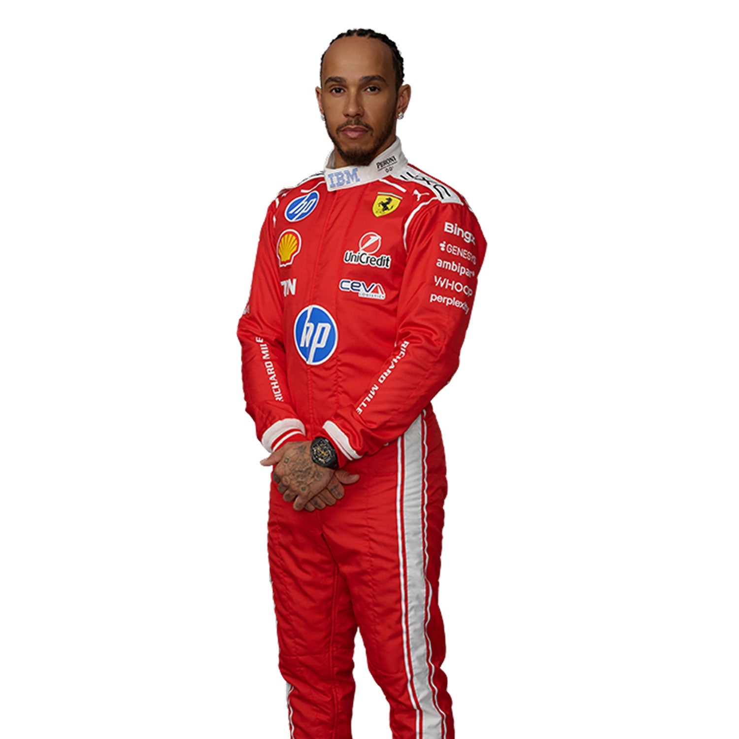 Lewis Hamilton wearing a 2026 red Ferrari F1 racing suit with various sponsor logos - Kartx Gear