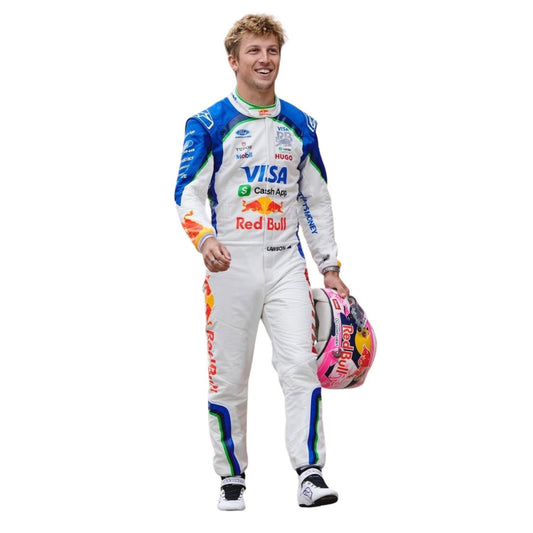 Liam Lawson in a 2026 RB racing suit holding a helmet - Kartx Gear