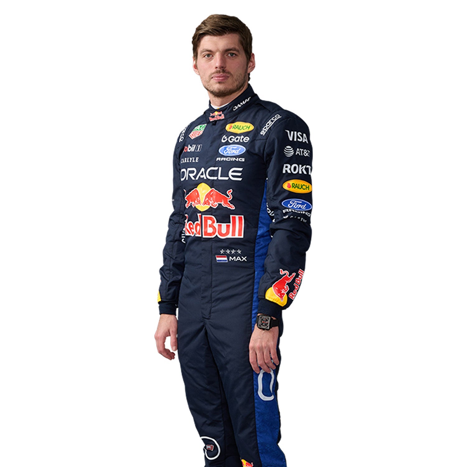 Max Verstappen wearing a 2026 F1 Red Bull racing suit with various sponsor logos - Kartx Gear