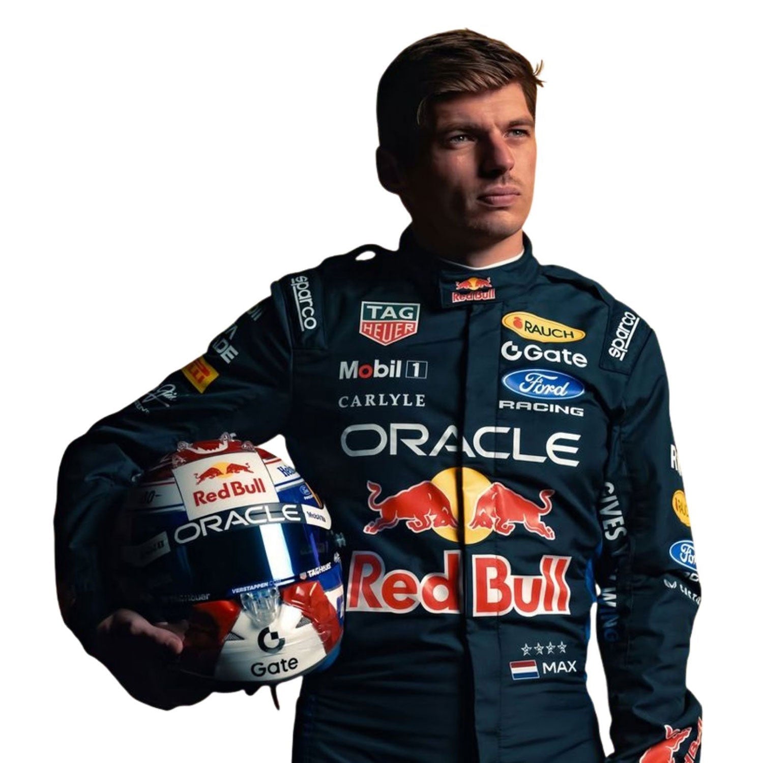 Max Verstappen in a 2026 F1 Red Bull racing suit holding a helmet with visible branding - Kartx Gear