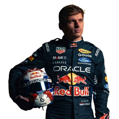 Max Verstappen in a 2026 F1 Red Bull racing suit holding a helmet with visible branding - Kartx Gear
