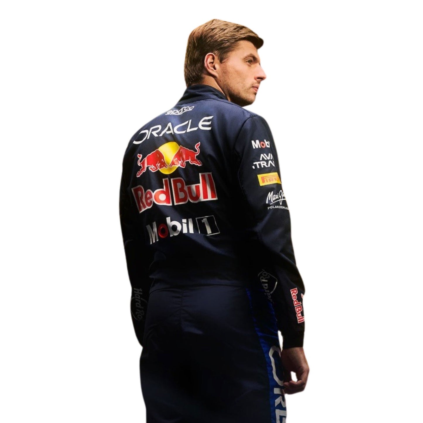 Max Verstappen wearing a dark 2026 Red Bull F1 racing suit with various sponsor logos on a white background - Kartx Gear