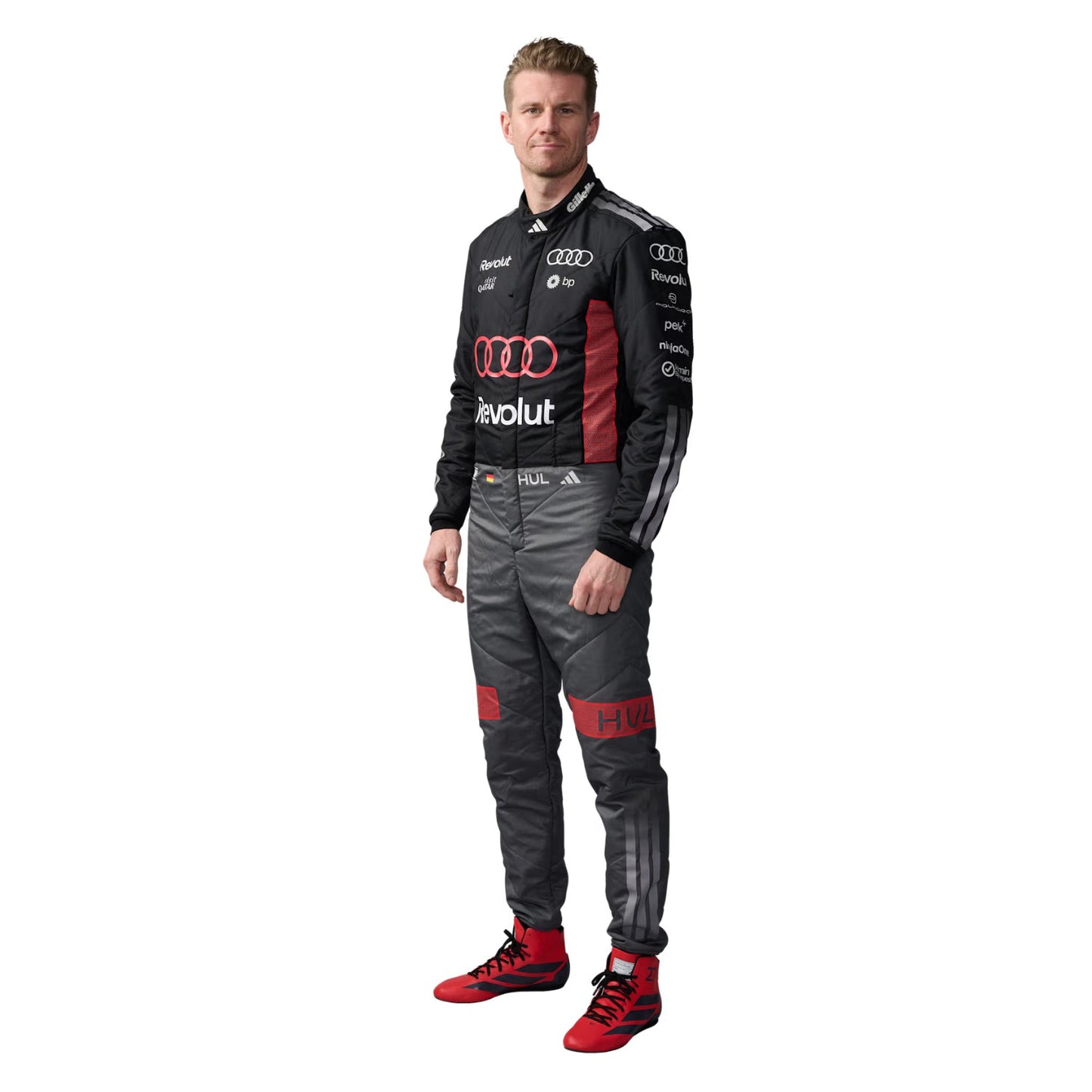 Nico Hulkenberg wearing an Audi 2026 F1 racing suit on a white background - Kartx Gear