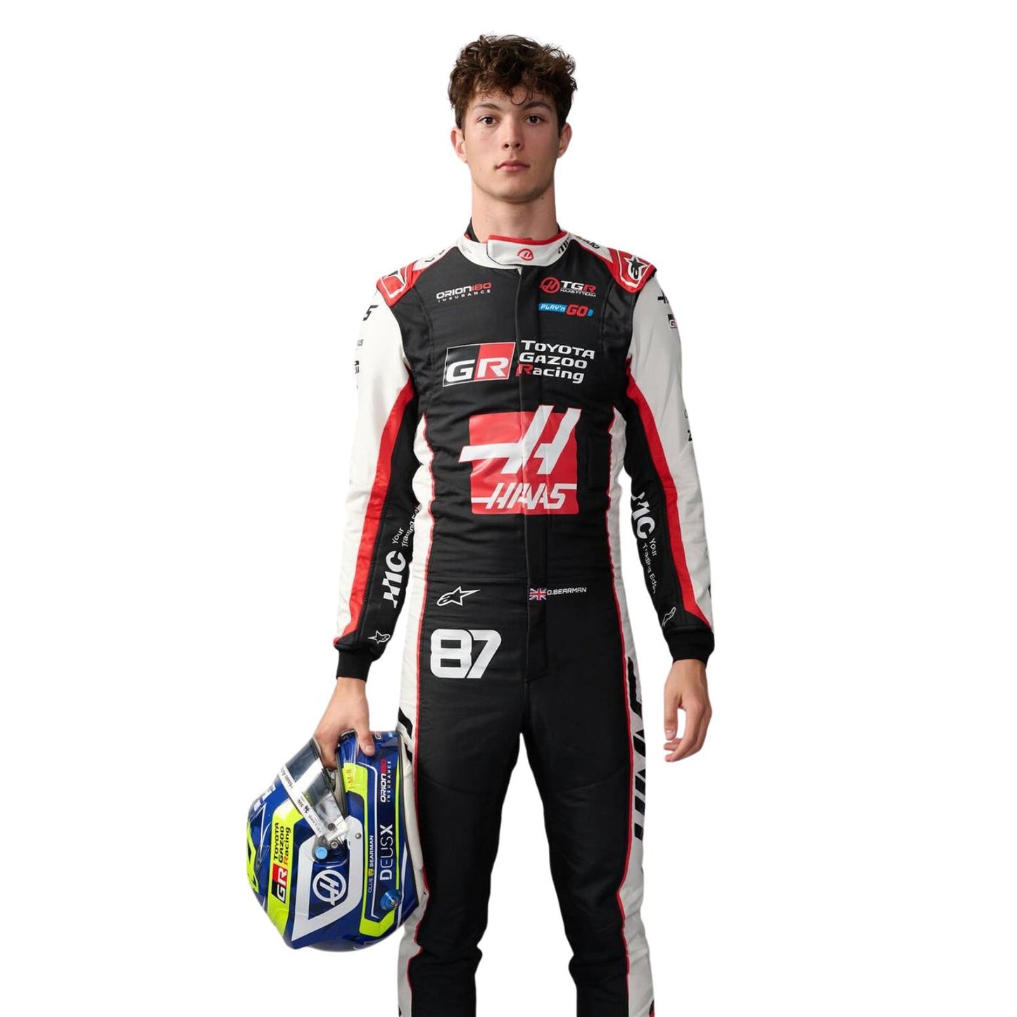 Oliver Bearman wearing a Haas F1 2026 racing suit with various sponsor logos - Kartx Gear