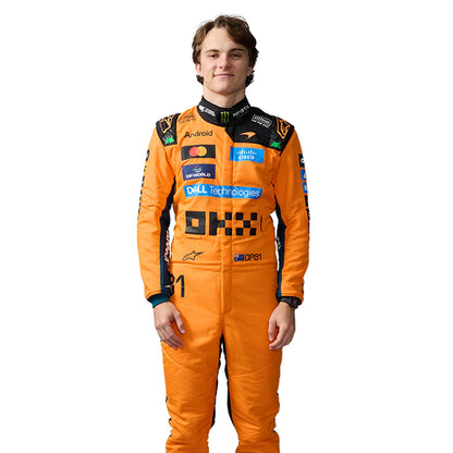 Oscar Piastri wearing a 2026 McLaren F1 orange racing suit with various sponsor logos - Kartx Gear