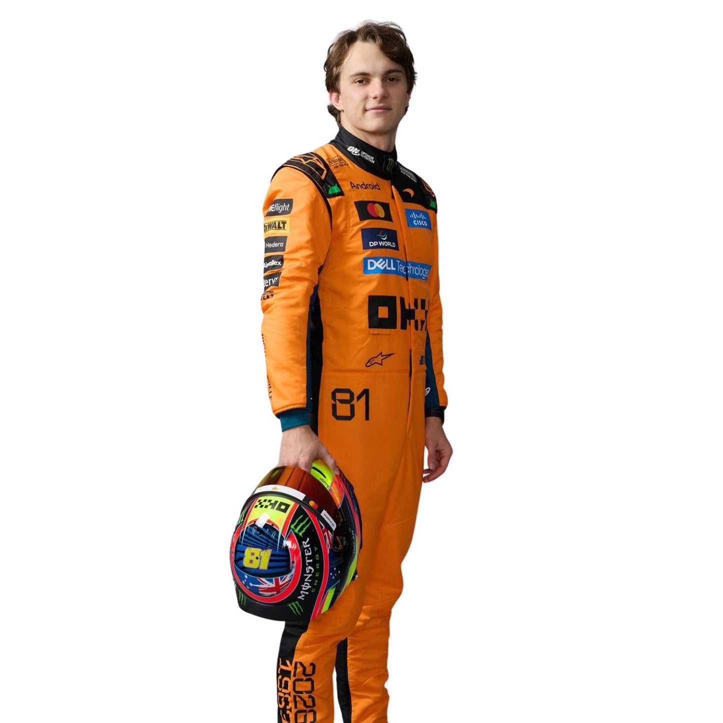 Oscar Piastri wearing an orange McLaren 2026 F1 racing suit, holding a helmet - Kartx Gear