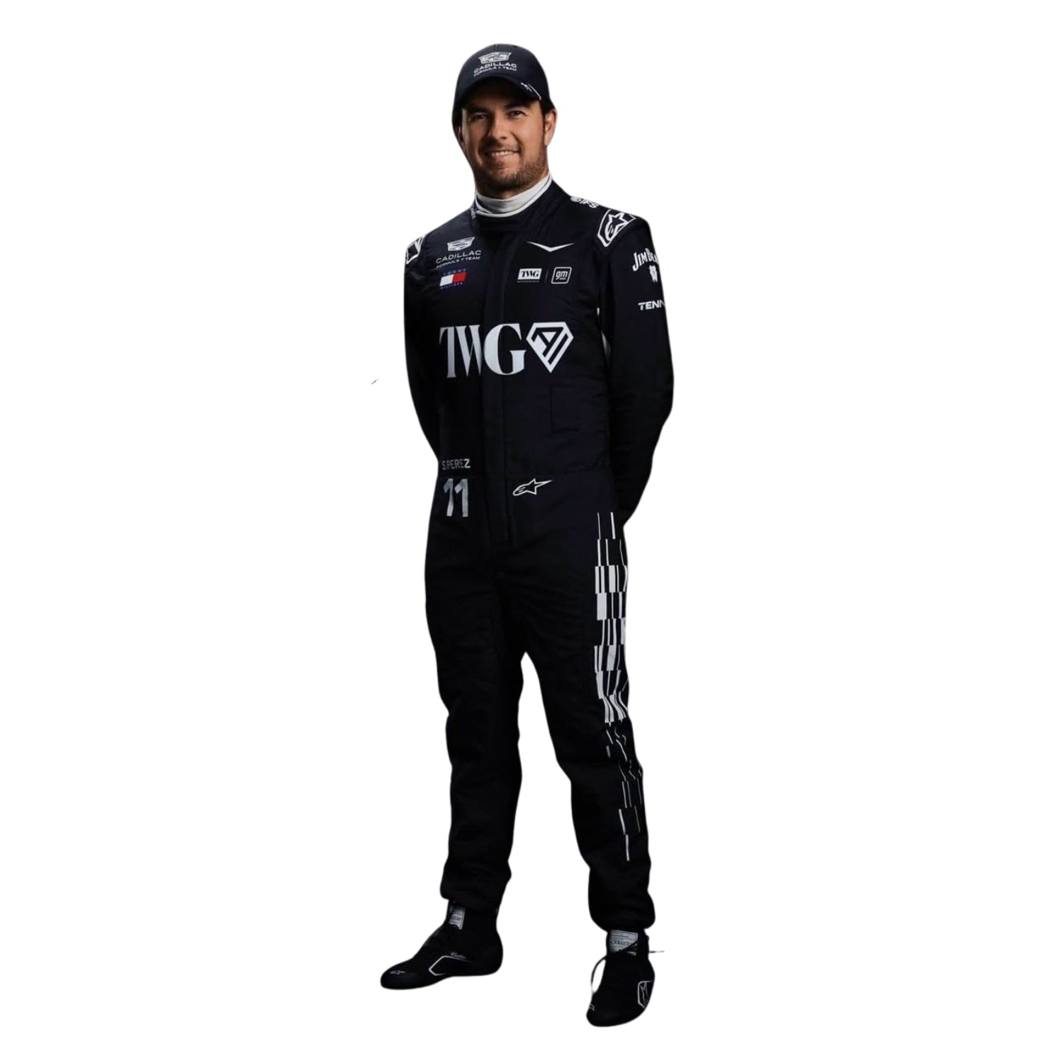 Sergio Perez 2026 wearing a black Cadillac F1 racing suit with visible branding - Kartx Gear