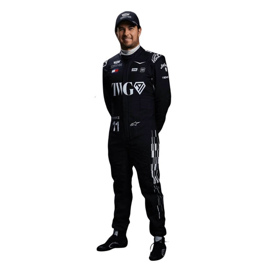 Sergio Perez 2026 wearing a black Cadillac F1 racing suit with visible branding - Kartx Gear