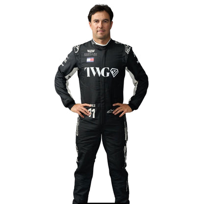 Sergio Perez wearing a black F1 Cadillac F1 racing suit with TWG branding - Kartx Gear