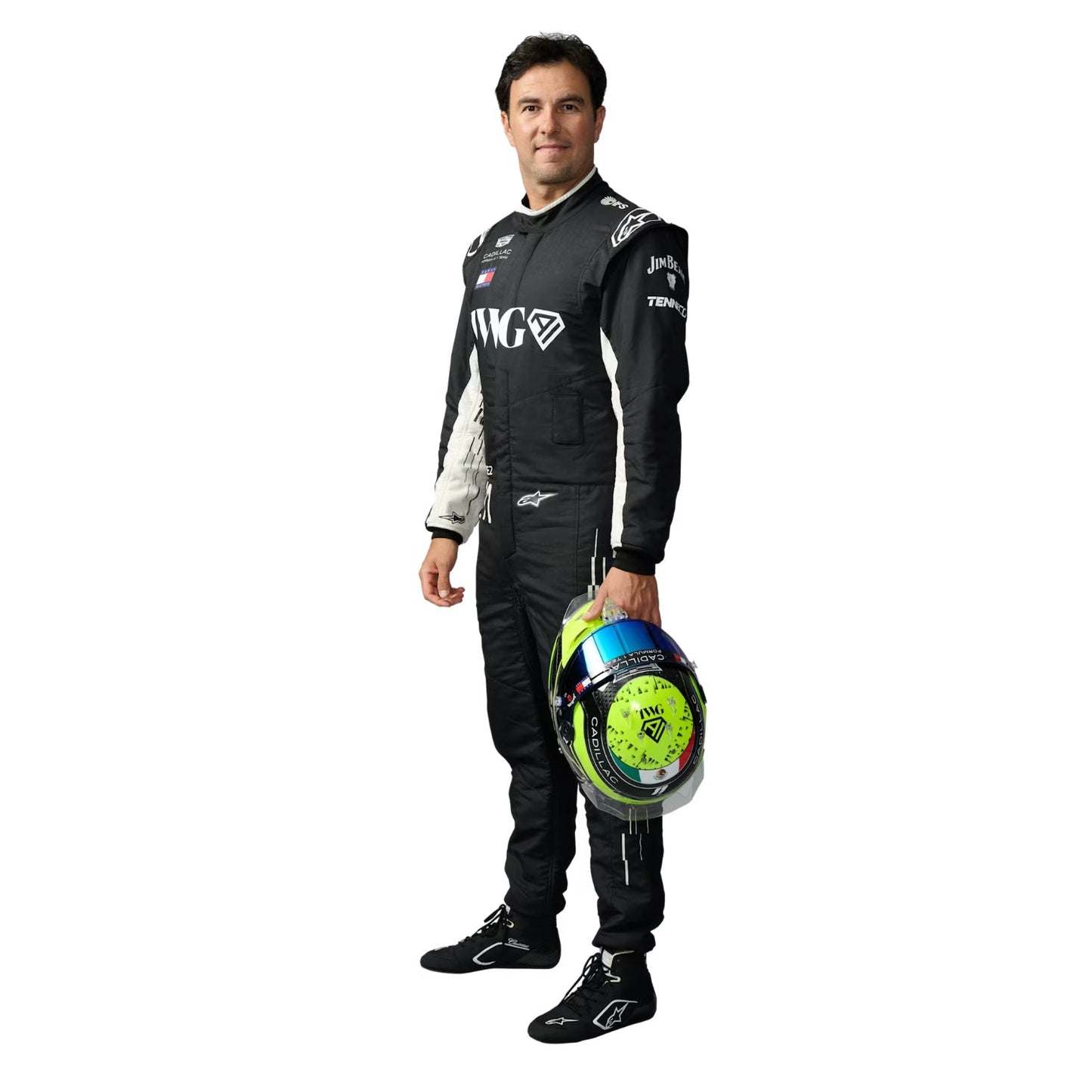 Sergio Perez 2026 Cadillac in a F1 racing suit holding a helmet - Kartx Gear