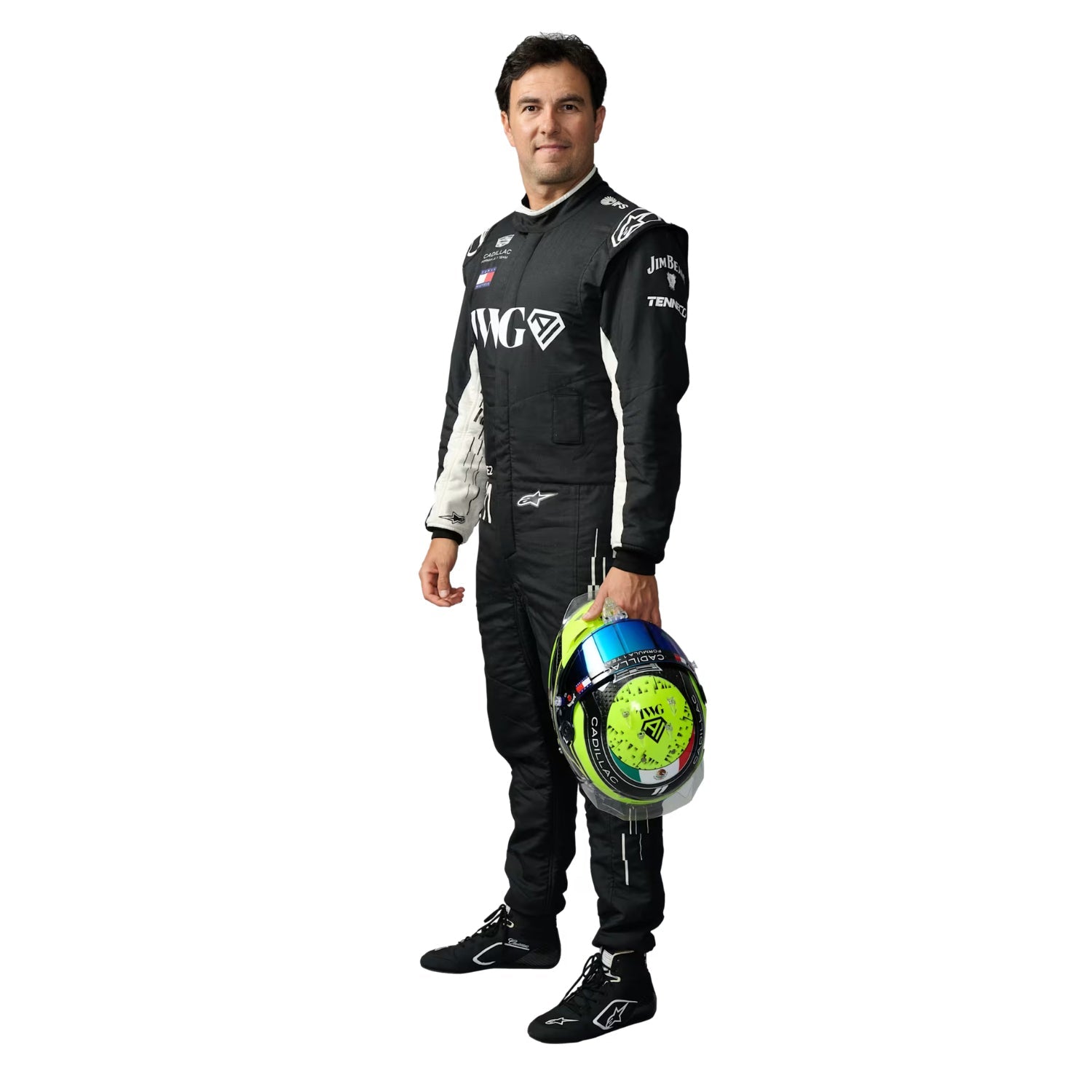 Sergio Perez 2026 Cadillac in a F1 racing suit holding a helmet - Kartx Gear