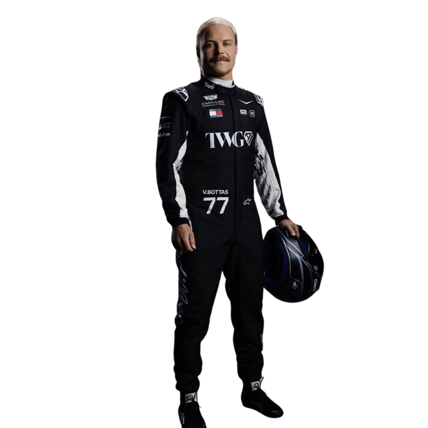 Valtteri Bottas in a 2026 Cadillac F1 racing suit, holding a helmet on a white background - Kartx Gear