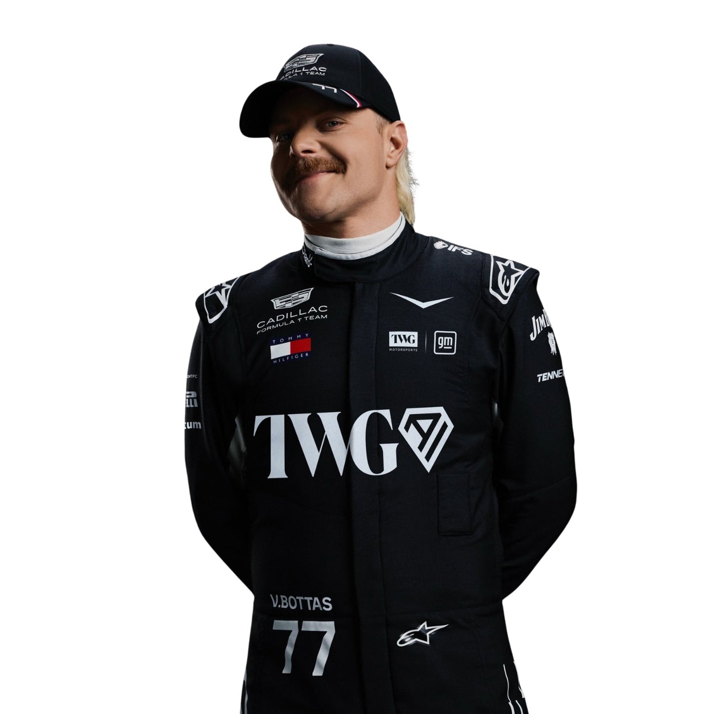 Valtteri Bottas 2026 wearing a black Cadillac F1 racing suit with various logos on a white background - Kartx Gear