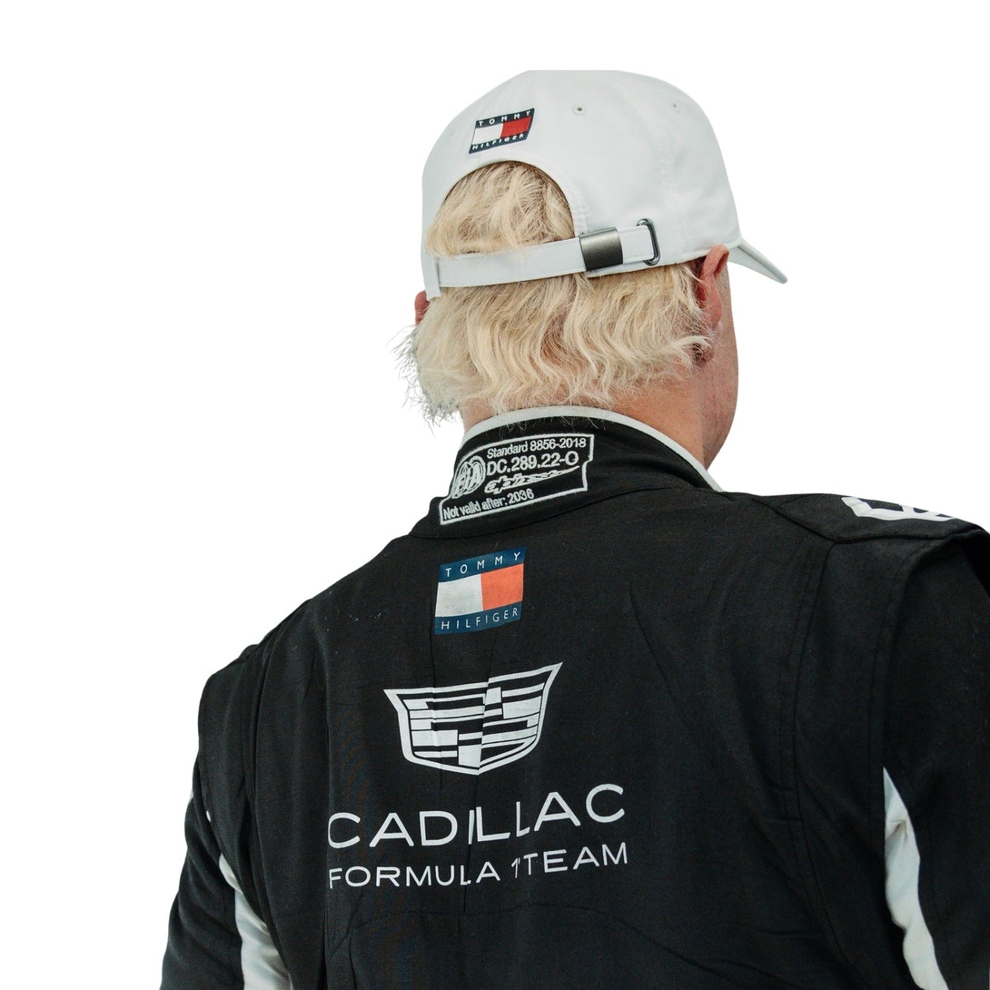 Valtteri Bottas wearing a black F1 racing suit with the Cadillac Formula 1 Team logo on a white background - Kartx Gear