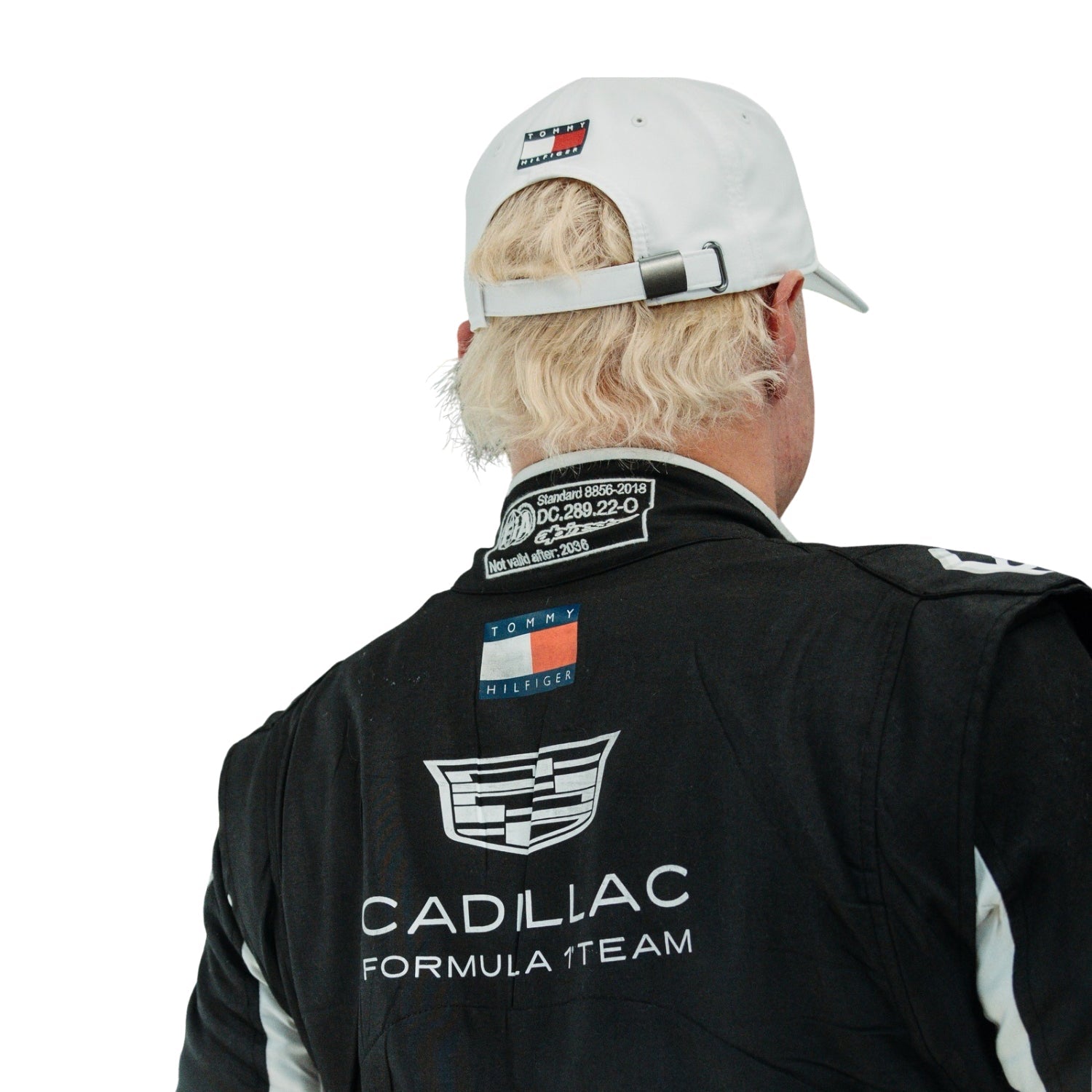 Valtteri Bottas wearing a black F1 racing suit with the Cadillac Formula 1 Team logo on a white background - Kartx Gear