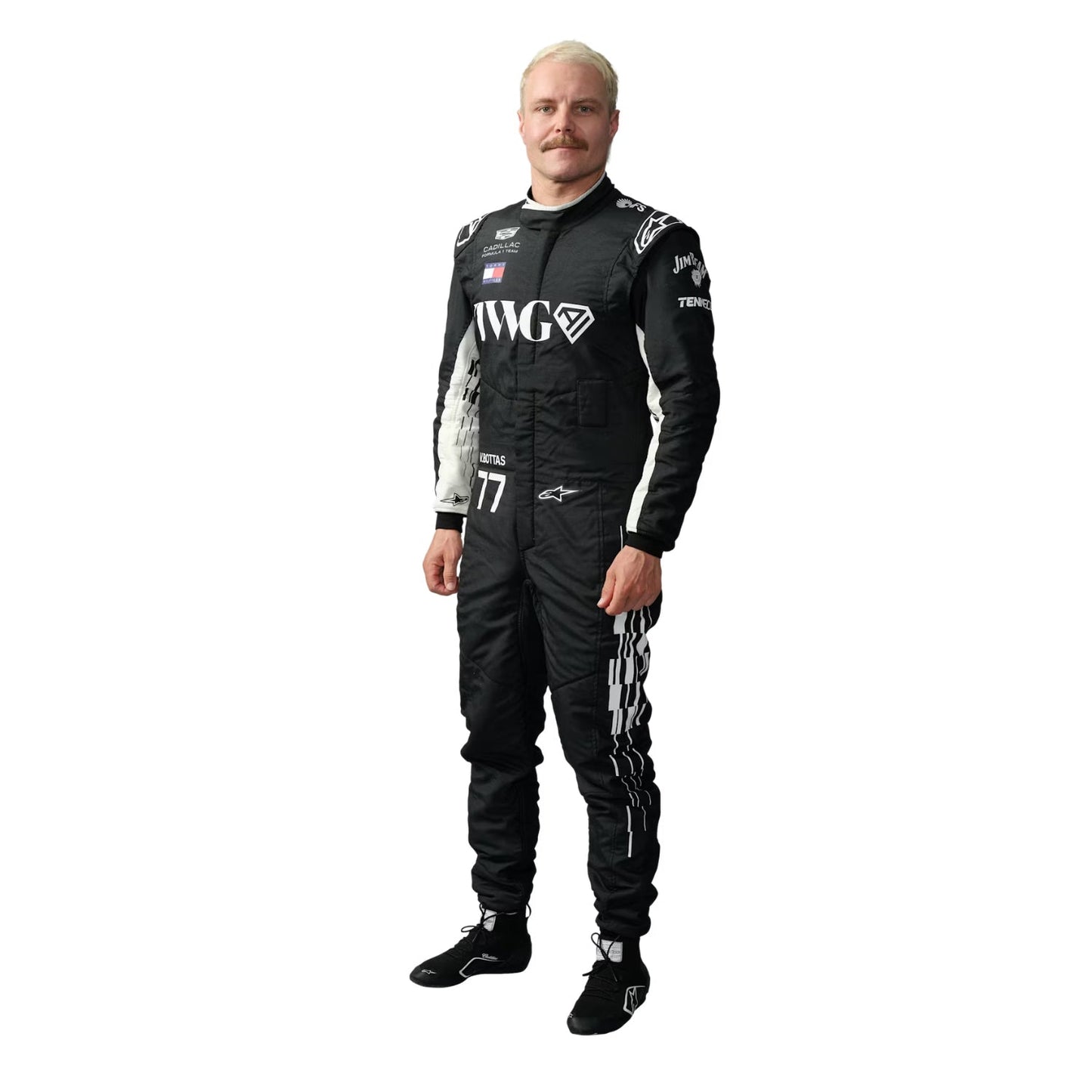 Valtteri Bottas wearing a black 2026 Cadillac F1 racing suit with visible branding - Kartx Gear