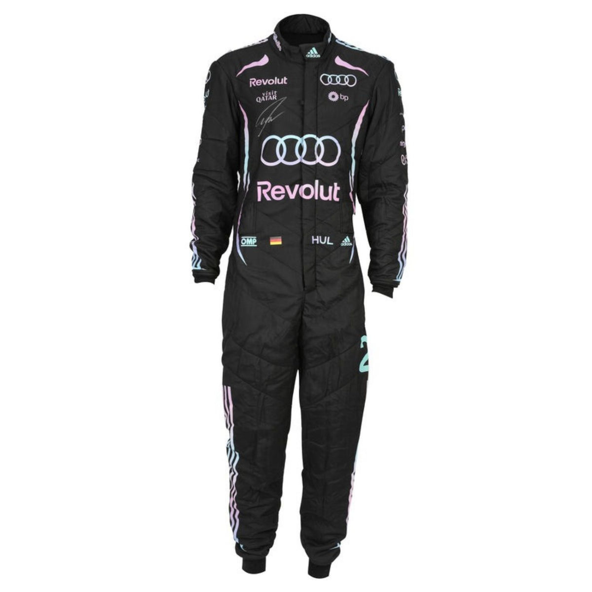 A black racing one-piece suit with pink and light blue accents, featuring prominent Audi and Revolut sponsor logos, Adidas branding, and signatures on the chest, displayed against a solid white background.