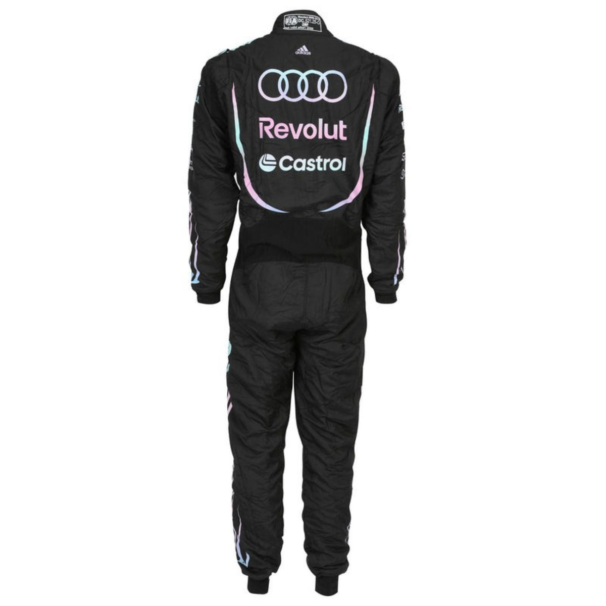 Black Audi racing suit shown from the back, featuring large white, pink, and blue sponsor logos including Revolut, Castrol, and Adidas.