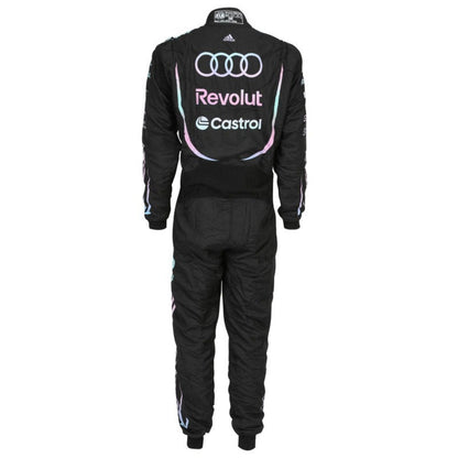 Black Audi racing suit shown from the back, featuring large white, pink, and blue sponsor logos including Revolut, Castrol, and Adidas.