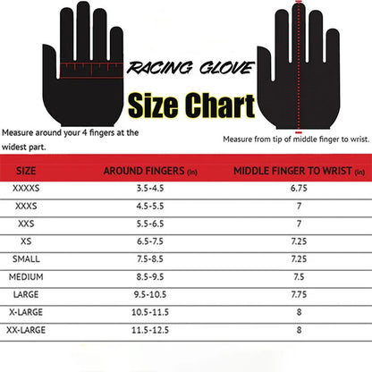 Racing glove size chart with measurements for fingers and wrist - Kartx Gear