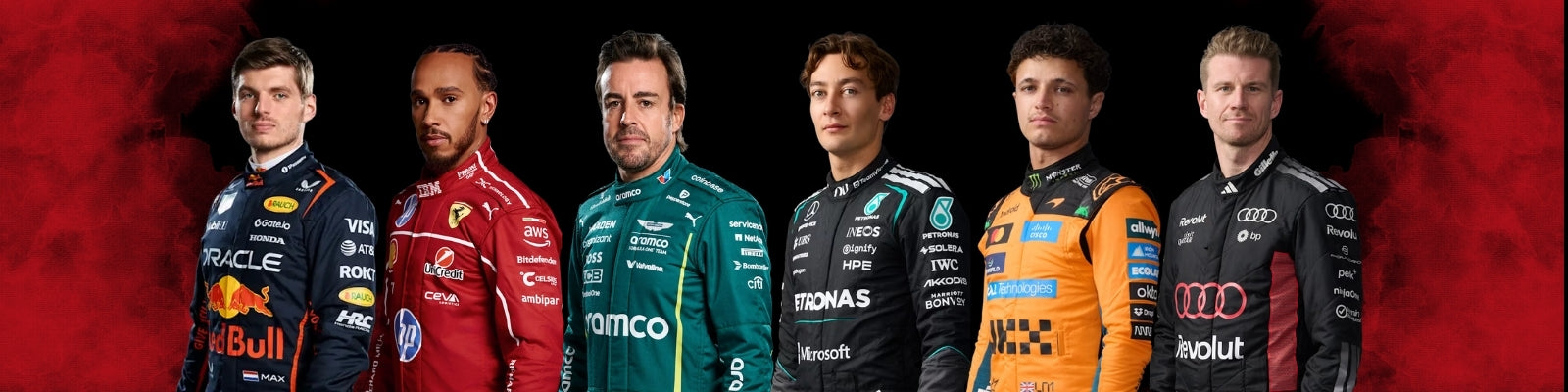 Katex Gear Banner Picture Row of Formula 1 drivers in their respective team uniforms