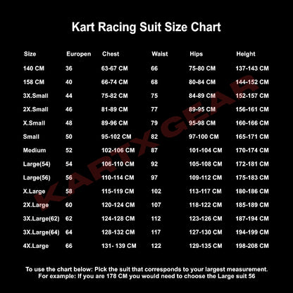Kart Racing Suit Size Chart on a black background