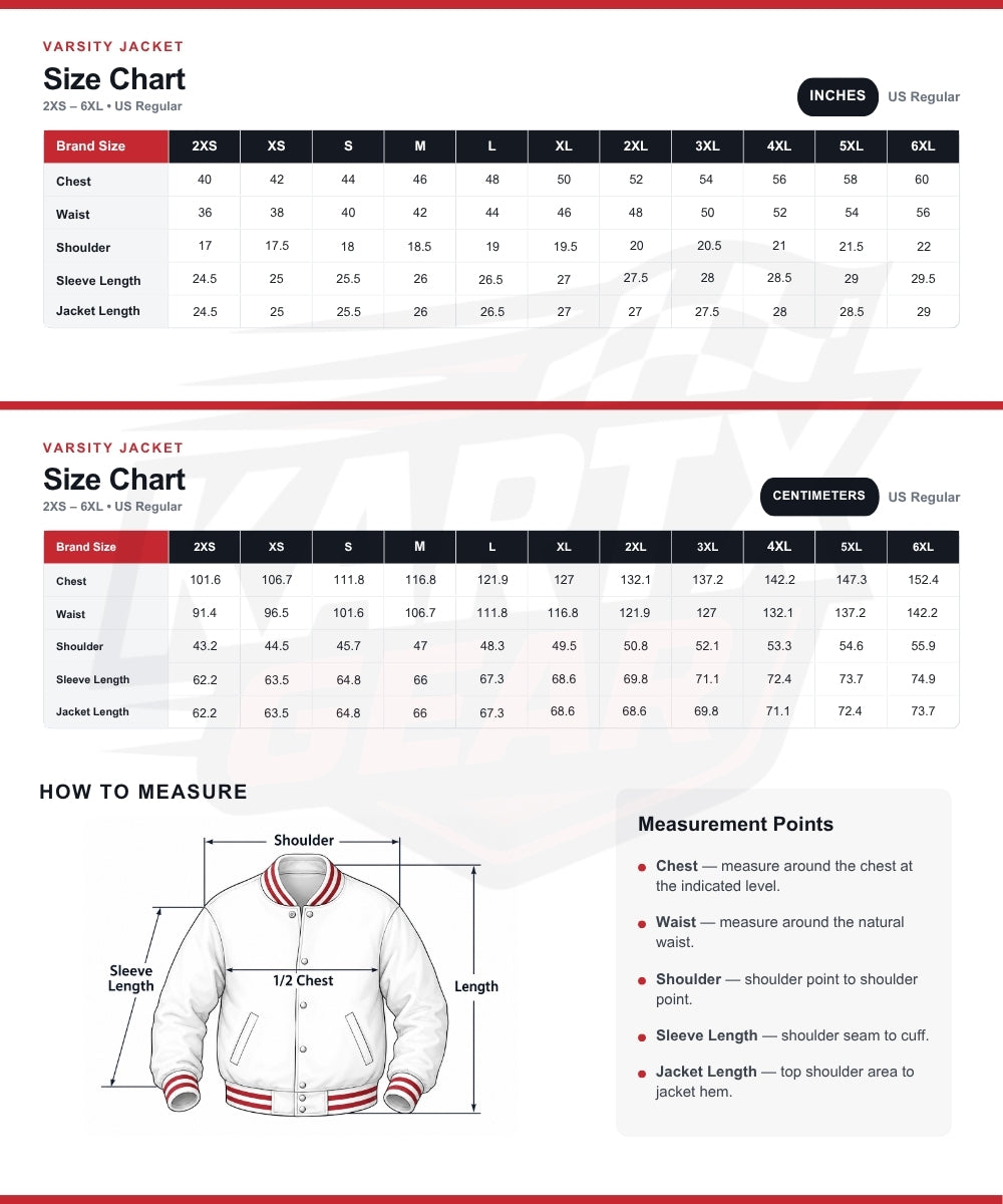 A size chart and measurement guide for a varsity jacket, showing brand sizes from XXS to 6XL with garment measurements in inches and centimeters, plus a step-by-step how-to-measure diagram with labeled points.