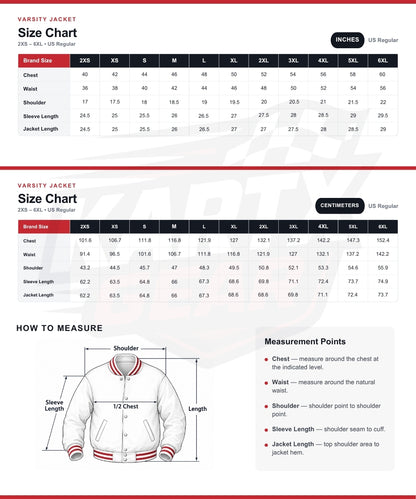 A size chart and measurement guide for a varsity jacket, showing brand sizes from XXS to 6XL with garment measurements in inches and centimeters, plus a step-by-step how-to-measure diagram with labeled points.