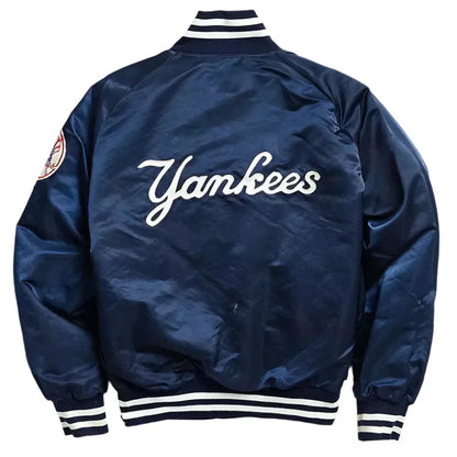 New York Yankees 90s Blue and White Satin Bomber Varsity Jacket For Men