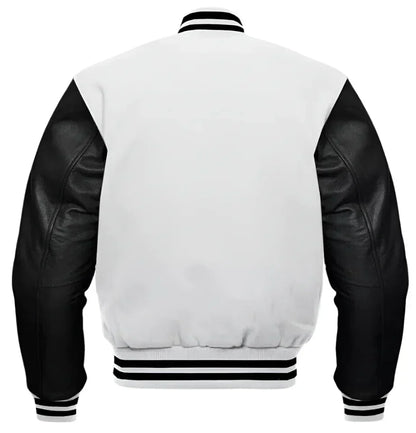 Varsity Baseball College Lettermen Bomber White Wool & Black Leather Jacket