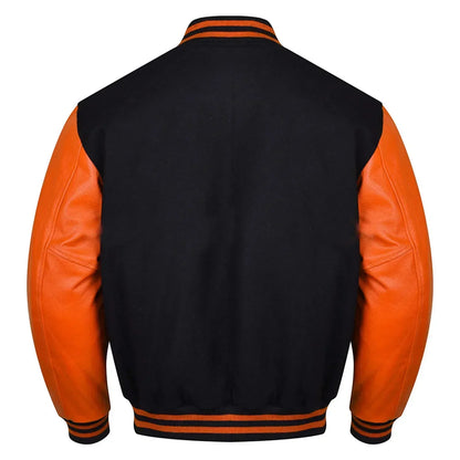 Varsity Black Letterman Baseball Wool &Orange Real Leather Sleeves Jacket