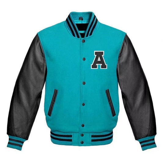 Varsity Letterman Baseball Jacket With Aqua Blue Wool And Genuine Leather Sleeve