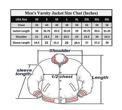 A size chart and measurement diagram for a men's varsity jacket. The top table lists jacket size chat in inches across chest, jacket length, shoulder, and sleeve length for sizes XS through 4XL.